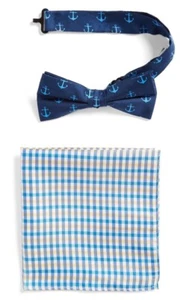 NORDSTROM Boy's Navy Anchor Print Silk Bow Tie & Check Pocket Square One Size - Picture 1 of 6
