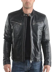 New Mens Leather Jacket real lambskin coat biker motorcycle racer cafe Slim M771 - Picture 1 of 4