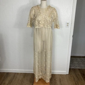 Edwardian Tea Dress Beige Floral Lace Mesh Netting Short-Sleeve Empire Waist 57" - Picture 1 of 24
