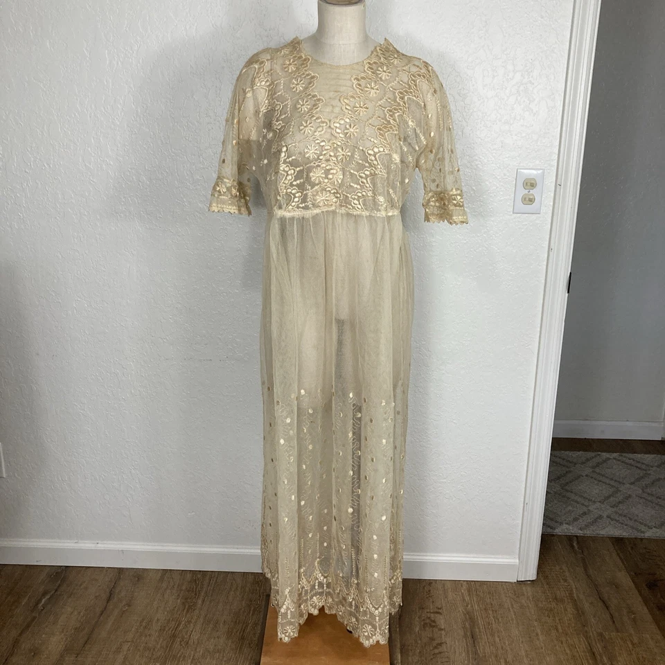 Edwardian Tea Dress Beige Floral Lace Mesh Netting Short-Sleeve Empire Waist 57" - Image 1 of 4