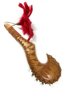 Fish Hook Moana Fijian Club 16 inch w/ Teeth & Red Feathers - Acacia War Club | - Picture 1 of 1