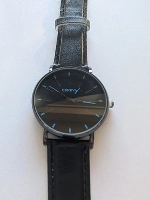 Geneva Мужские черные стальные часы с черным кожаным ремешком и синий номера новый - Изображение 1 из 4