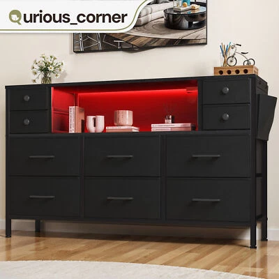 10 Drawers Dresser Fabric Organizer Black LED TV Stand Storage Cabinet Closet - Image 1 of 4