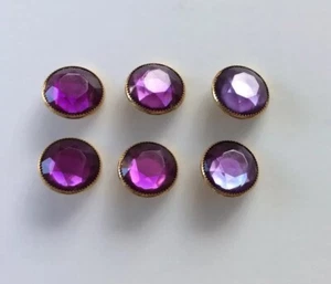 Jeweled Buttons PURPLE set of 6 Shank-Back Goldtone Rims 3/4” - Picture 1 of 5