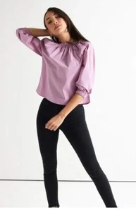 NWT Downeast Women Top Sz XL Short Elastic GatherCollar Pink Rose Blouse Jessie - Picture 1 of 9