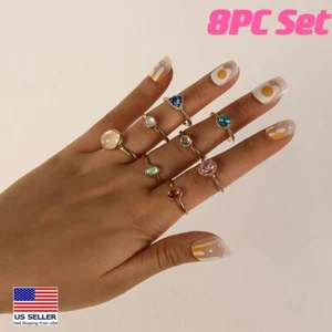 8PC Set Retro Gold Finger Ring Value Color Opal Boho Knuckle Rings Jewelry 0782 - Picture 1 of 5