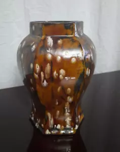 Vintage 1980 Kunstkeramik braun weiß gespritzte Glasur Vase Ingwerglas 7" signiert - Bild 1 von 5