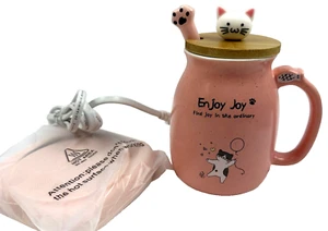 Good Time Pink Cat Coffee Mug Ceramic Tea Cup with Kitty Bamboo Lid Spoon Warmer - Picture 1 of 5