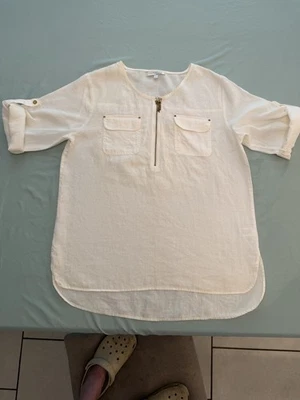 Blusa Top Túnica Top Ellen Tracy Co Talla Grande 1/4 Cremallera Lino Blanco Manga Pestaña Enrollable Foto 1 de 3