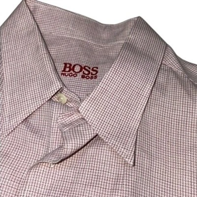 Hugo Boss Mens 17 34/35 Dress Shirt Pink Micro Check Cotton Made in Hong Kong - Image 1 of 4