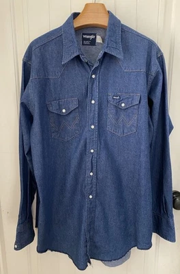 Camisa Denim Wrangler De Colección Para Hombre 18 1/2 X 37 Perla A Presión Western X Colas Largas Foto 1 de 4