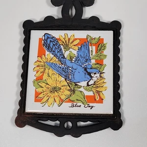 Vintage Blue Jay Floral Cast Iron Trivet with Ceramic Tile Wall Hanging Yellow F - Picture 1 of 3