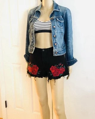 Pantalón Corto Flying Monkey Negro Denim Bordado Rojo Rosa Talla 26 Foto 1 de 4