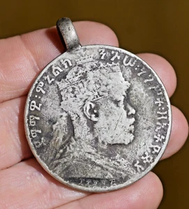 Antigua moneda de plata emperador Menelik II medallón colgante etíope, Etiopía - Imagen 1 de 5