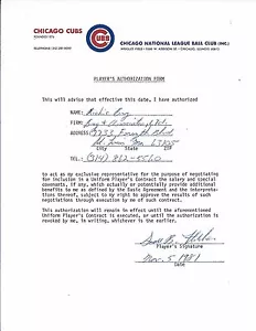 Scott Fletcher SIGNED 1981 Chicago Cubs Player's Authorization Form - Picture 1 of 2