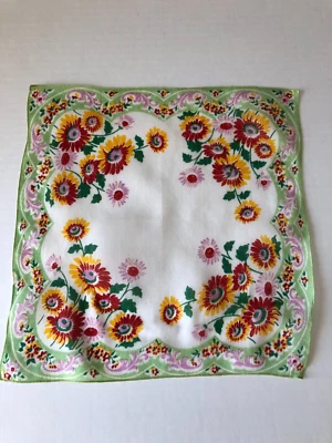 复古 HANDKERCHIEF/Hanky 花红色、黄色、粉色、绿色 11"X 11" — 第 1/4 张图片