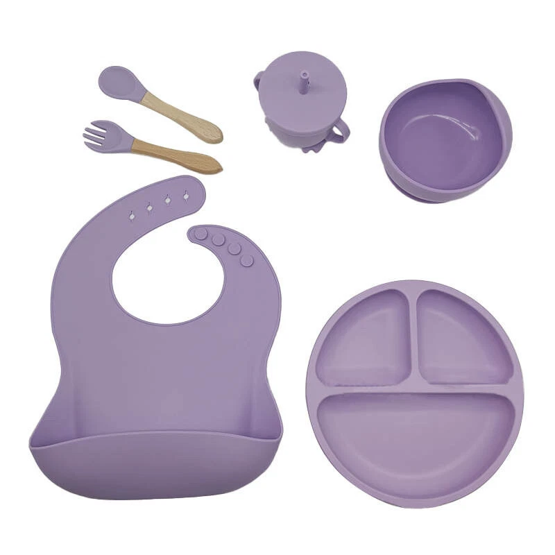 Juego de alimentación de silicona para bebé niño pequeño 6 piezas babero, cuenco, plato, taza para sorbo cuchara y tenedor Foto 1 de 4