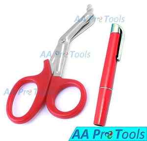 Red Trauma Paramedic Shears Scissors 7.5" + Led Reusable Penlight Pupil Gauge - Picture 1 of 3