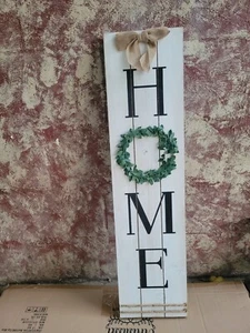 "Rustic HOME Porch Sign – Farmhouse Vertical Wooden Welcome Sign w/ Wreath 36”" - Picture 1 of 3