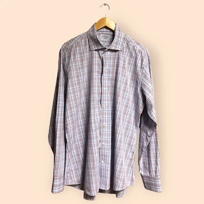 Camisa de vestir LEDBURY blanca azul borgoña a rayas a cuadros calce ajustado para hombres 17,5 Foto 1 de 4
