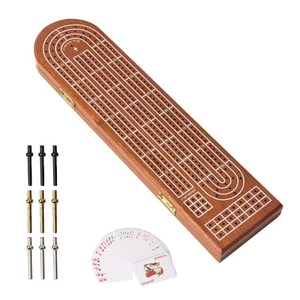 3-Track Wooden Cribbage Board Game with Storage, 9 Metal Pegs/Playing Cards - Picture 1 of 7