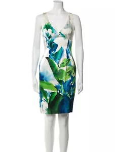 ROBERTO CAVALLI White Blue Green Floral Silk Satin Sheath Dress, Size 42/6 - Picture 1 of 16