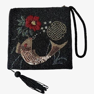 Chicos Beaded Koi Carp Fish Wristlet Purse Handbag Black Sequins Tassel 7" x 7" - Picture 1 of 10