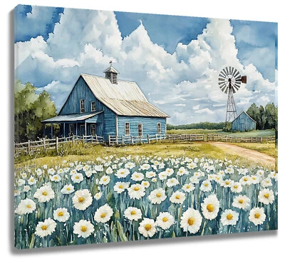 Blue Rustic Farmhouse Vintage Floral Canvas Wall Art for Bathroom Living Room - Image 1 of 4