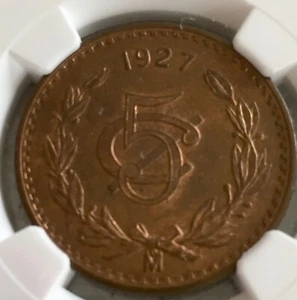 Amazing Luster Mexico 5 Centavos Mo 1927 Bronze NGC MS64+ RB KM# 422 - Picture 1 of 4