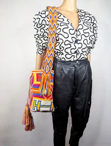Vintage 90s Multicolour Bold Geometric Pattern Drawstring Tassel Bucket Bag - Picture 1 of 8
