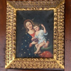 Vintage religiöse Ikone Gemälde Maria Kind Peru verzierter Goldrahmen Cuzco Stil - Bild 1 von 9