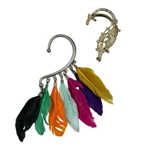 Candies Gold Tone Rhinestone Peacock & Colorful Dangle Feather Ear Cuff Set - Picture 1 of 10