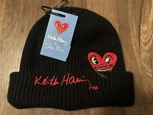 Keith Haring X Shoe Palace Red Heart ❤️ Beanie Skull Cap Winter Hat Black - Picture 1 of 2