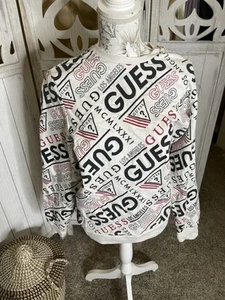 Guess Sweatshirt Womens White Crewneck Sweater Logo Pullover Size Medium - Picture 1 of 10