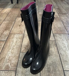 Kate Spade Women’s Sz 10 Black Gloss Rubber Heeled Knee High Rain Boots - Picture 1 of 12