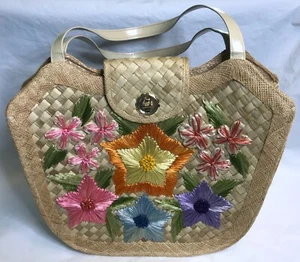 Straw Raffia Handbag Purse Bags by Whidby Embroidered Flowers Philippines VTG - Picture 1 of 10