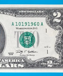 October 19, 1960 : A 10191960 A BIRTHDAY Note $2 Two Dollar Bill *UNC* - Picture 1 of 3