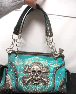 Vtg Turquoise/Brown Purse/Handbag Skull & Bones Bling/Rhinestones!! See Pics!! - Picture 1 of 18