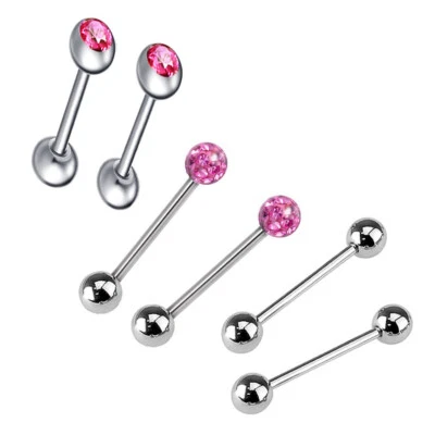 6X Crystal Steel 16/19/22mm Tongue Bar 6mm Ball Nipple Ring Barbell Piercing Set - Image 1 of 4