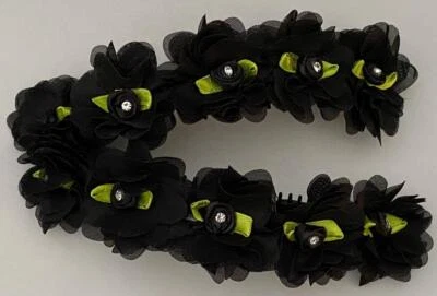 BLACK PLASTIC BANANA HAIR CLIP BLACK CHIFFON PETALS, SILK ROSEBUDS & CRYSTALS - Image 1 of 4