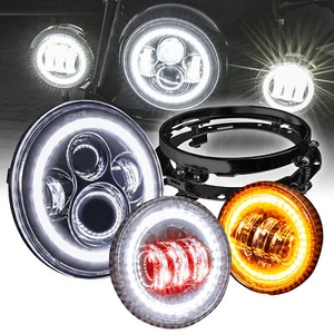 Black 4.5” Turn Signal Passing Light + 7” HALO LED Headlight Kit for Harley Bike - Picture 1 of 9