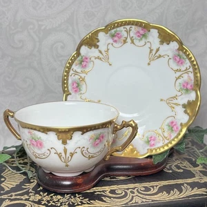 Vtg Rare Limoges Hand Painted Gold Gilt Rose Two Handle Bouillon/ Teacup Saucer - Picture 1 of 8