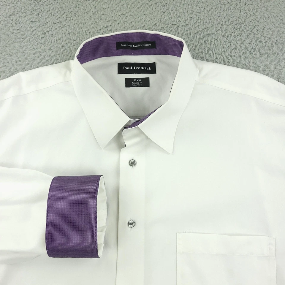 Camisa Paul Fredrick Para Hombres 18x36 Blanca Sin Hierro Calce Clásico Vestido Borde Púrpura Foto 1 de 4
