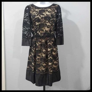 Vestido de cóctel Antonio Melani superpuesto de encaje negro beige satinado talla 8 - Imagen 1 de 7