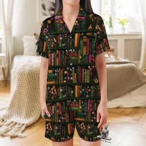 Book Short Sleeves Pajama Set, Book Lover Woman's Satin Pajama Reader Gift - Picture 1 of 13