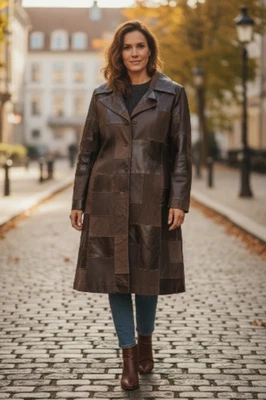 Abrigo de cuero Brandon Thomas para mujer mediano marrón retazos largo gabardina Foto 1 de 4