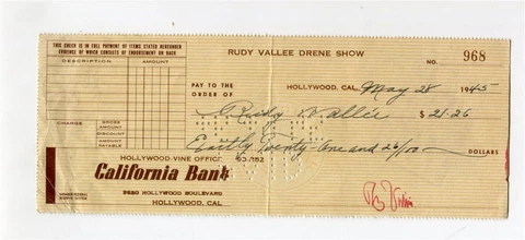 RUDY VALLEE (Drene Show - Don Ameche TV) 1945 AUTOGRAPH (signed check) Hollywood Cover