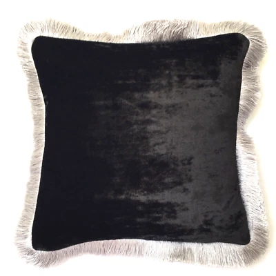 Anke Drechsel Cushion PLAIN Silver Fringe Black Silk Velvet Kissen Schwarz - Bild 1 von 4