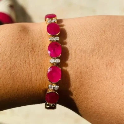 35 ctw Oval Cut Created Ruby & Diamond 14K Yellow Gold Plated Statement Bracelet - Image 1 of 4