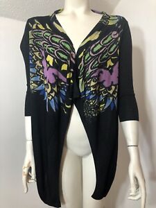 Adore Womens Large Asymmetric Open Front Cardigan Black Colorful Floral Yoke